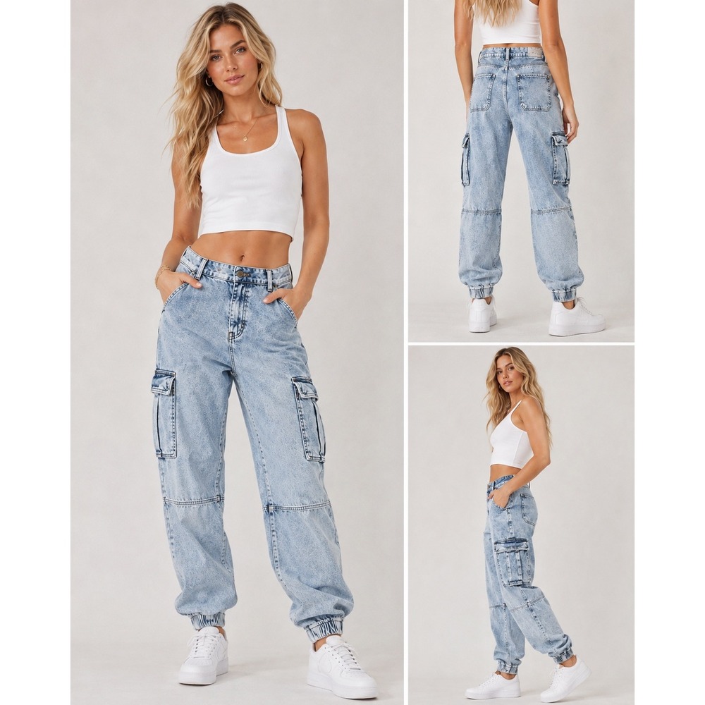American Eagle Women Light Wash Cargo Jogger Jeans High Waisted Size 0 Regular